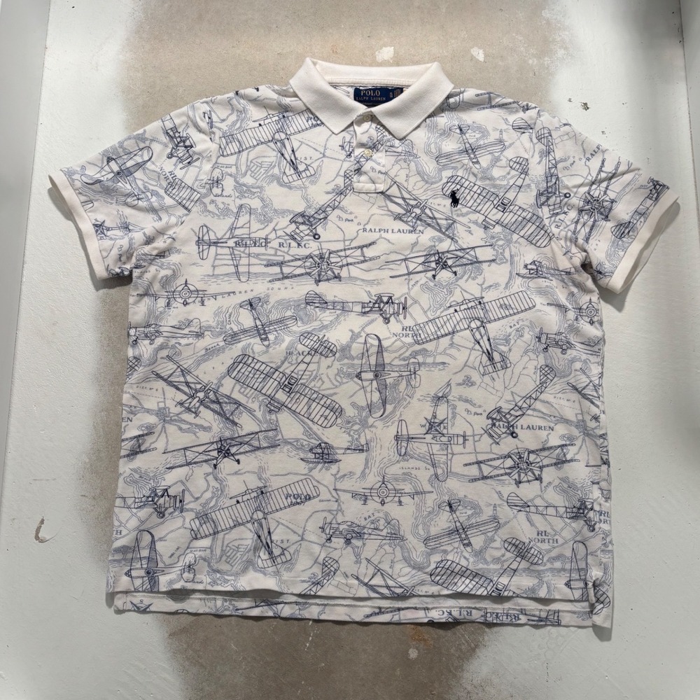 Polo Ralph Lauren Mens XL White Blue Vintage Airplane Map Print Polo Shirt